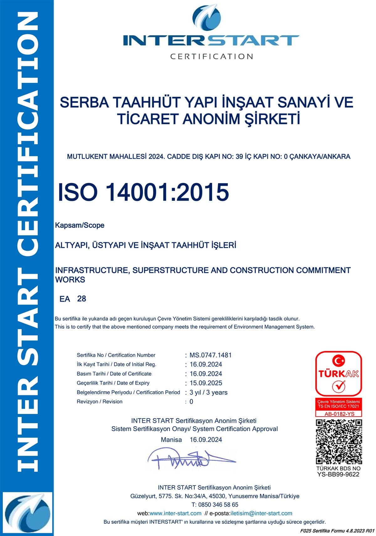 ISO 14001:2015 Çevre Yönetim Sistemi sertifikası