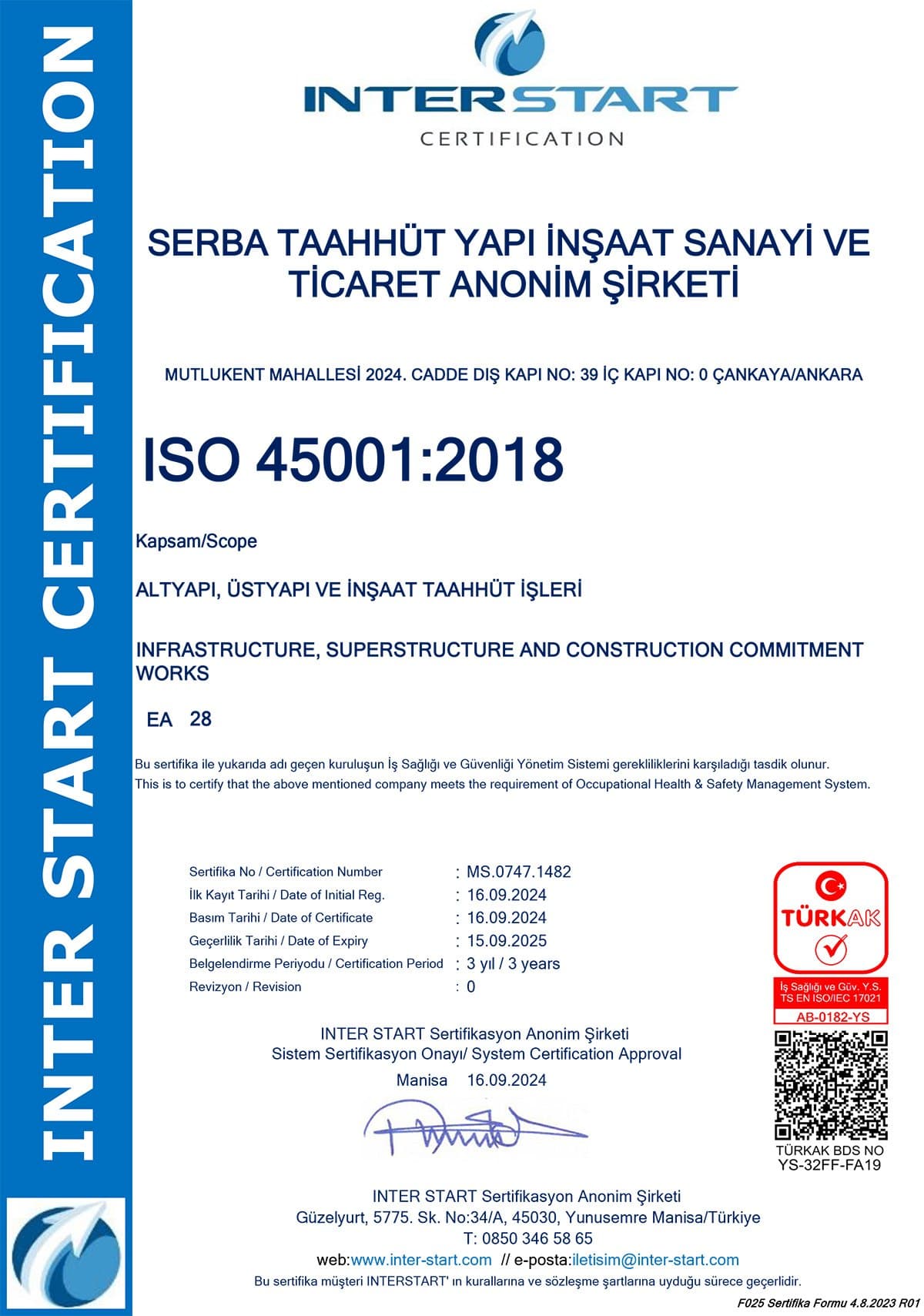 ISO 45001:2018 İş Sağlığı ve Güvenliği Yönetim Sistemi sertifikası